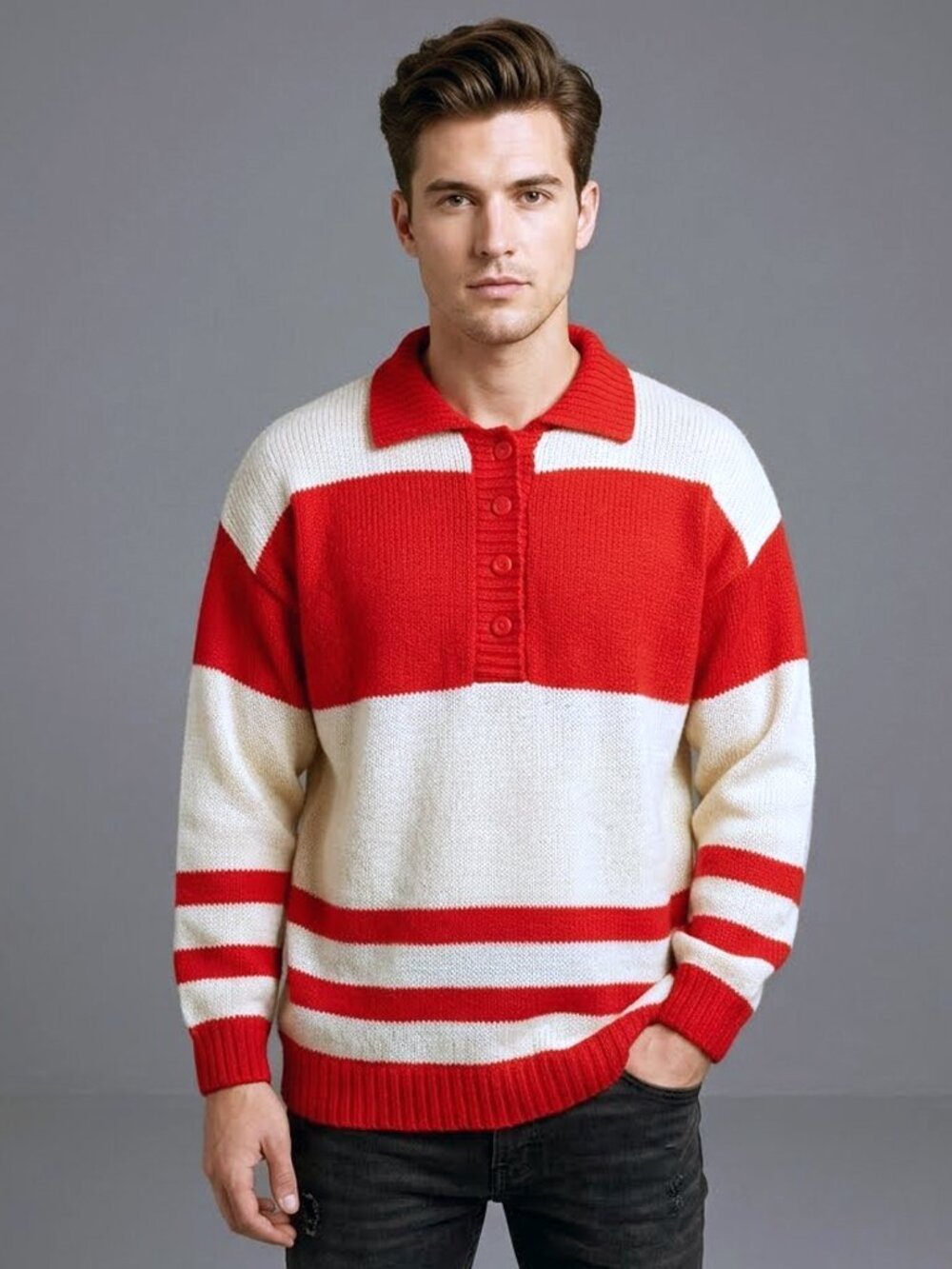 Vintage 70s J.P. Tipton Shetland Wool Boyfriend Sweater Red White Button Up M/L